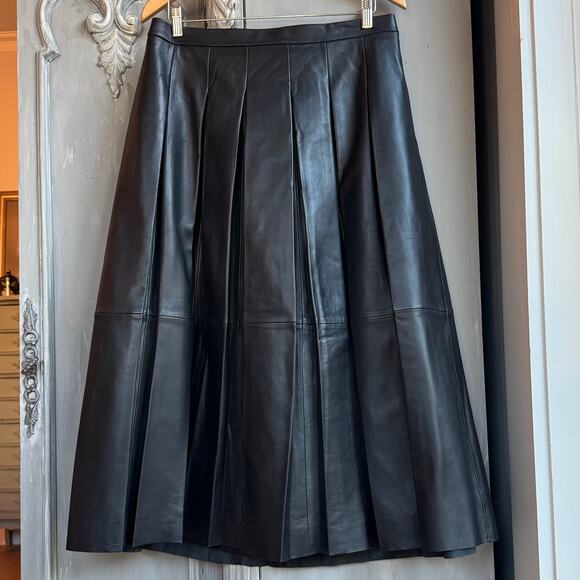 Nordstrom Black Leather Box Pleated High Waist A-line Midi Skirt Size Large NWOT - Picture 6 of 11